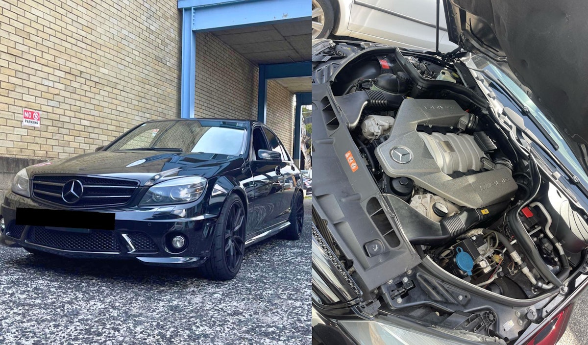 Mercedes c63 AMG in for service and a new power steering pump